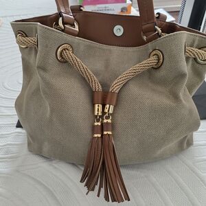 MICHAEL Michael Kors Marina Beige and Gold Shimmer Canvas BucketBag With Tassels